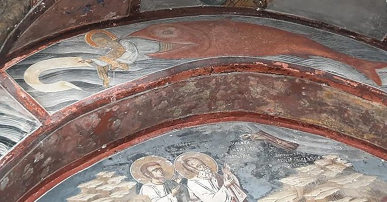 A close-up photograph of a fresco in the monastery of Saint John the Theologian, Greece
