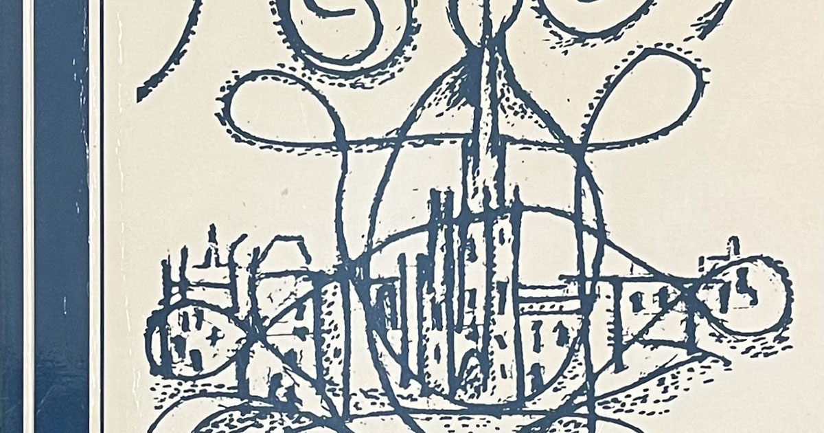 section of the cover of issue 1.1 of Studies in World Christianity: a blue drawing of a church against a white background