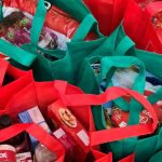 Red and green shopping bags full of groceries.