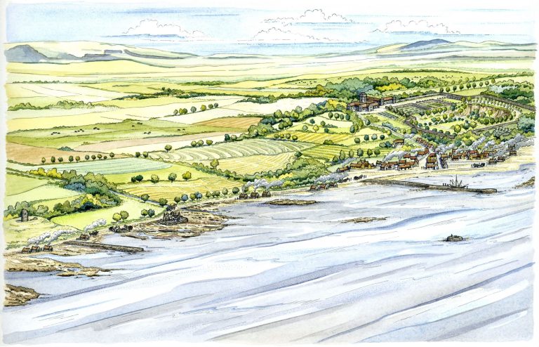 Watercolour landscape showing a coastline with building and mine shafts dotted along the shore. In the background there are fields leading to hills.