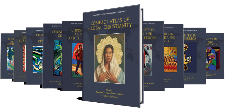 Packshot of the entire ECGC series: the Compact Atlas of Global Christianity sits at the front, with the other volumes stretching out behind