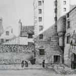 Black and white sketch of Marischal College as it appeared in 1593, depicting a cobbled courtyard with figures walking in the foreground