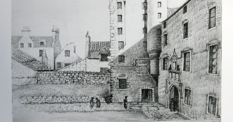 Black and white sketch of Marischal College as it appeared in 1593, depicting a cobbled courtyard with figures walking in the foreground