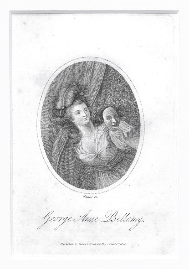 Black and white illustration of a woman in a dress, with long hair and a feather fascinator. She is looking out from behind a curtain and holding a theatre mask.