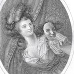 Black and white illustration of a woman in a dress, with long hair and a feather fascinator. She is looking out from behind a curtain and holding a theatre mask.