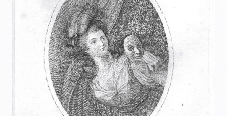 Black and white illustration of a woman in a dress, with long hair and a feather fascinator. She is looking out from behind a curtain and holding a theatre mask.