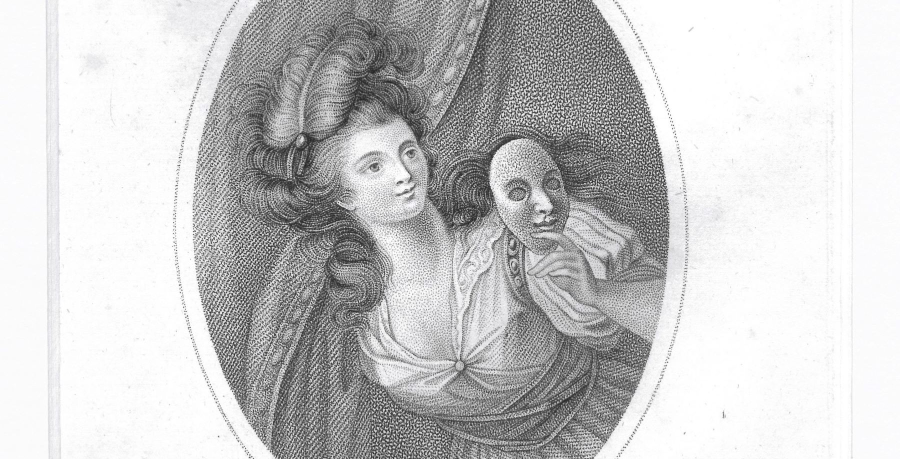 Black and white illustration of a woman in a dress, with long hair and a feather fascinator. She is looking out from behind a curtain and holding a theatre mask.