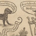 A woodcut image of a dog and a 'witch' taken from an early modern play.