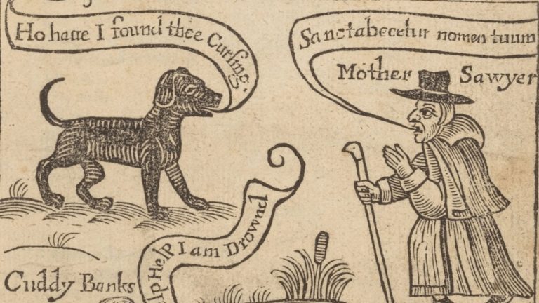 A woodcut image of a dog and a 'witch' taken from an early modern play.