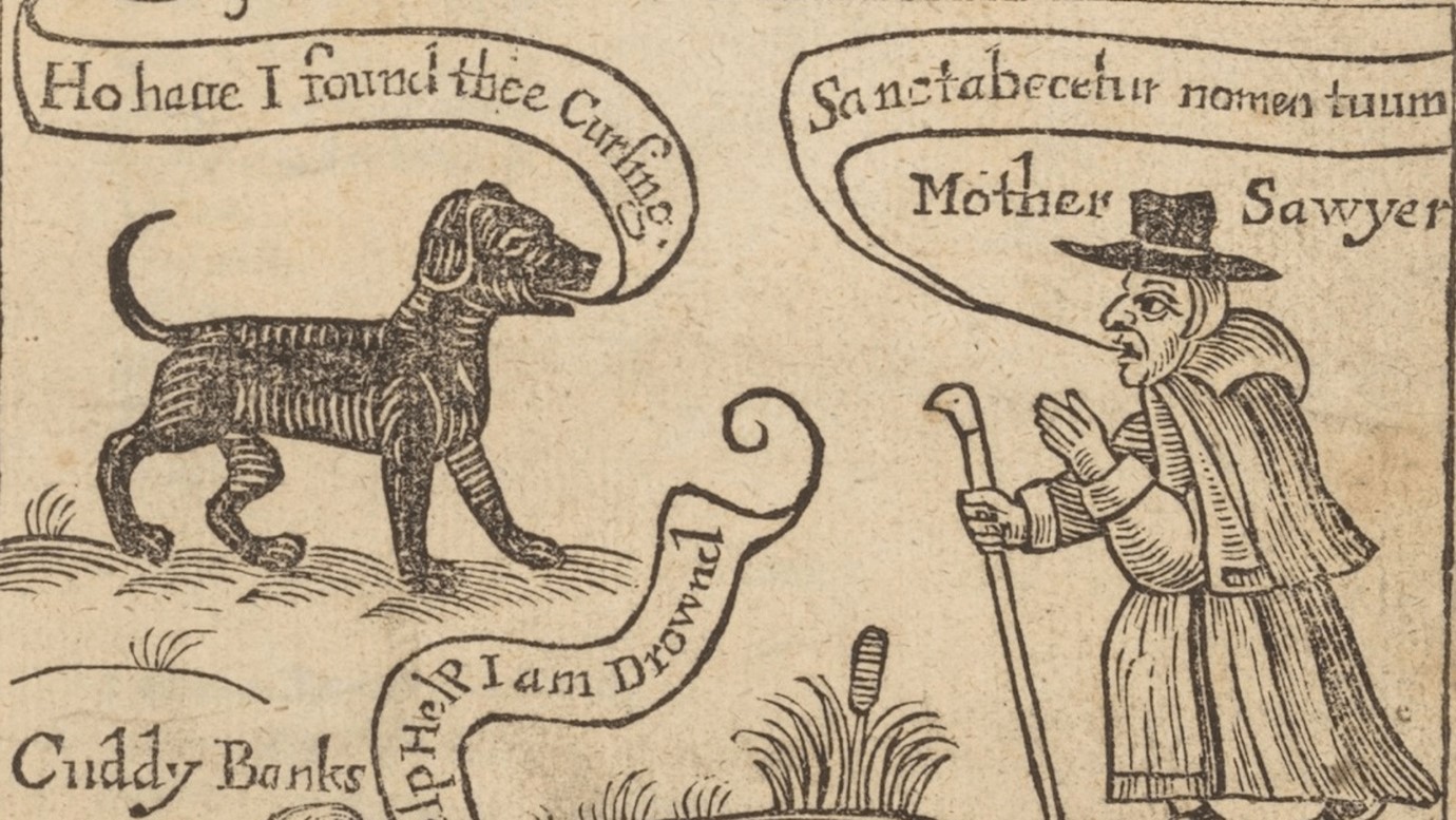 A woodcut image of a dog and a 'witch' taken from an early modern play.