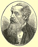 Black and white illustration of a man with short hair and a large beard and moustache. He is smartly dressed in a black jacket with a white collar.