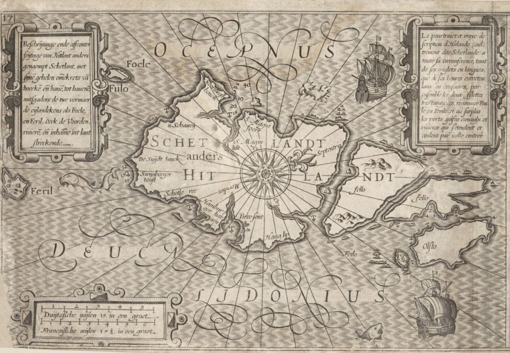 Line drawn map of Shetland with sketches of hills, fish, boats, beaches and anchors. Text over the landmass reads 'Schetlandt'.