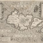 Line drawn map of Shetland with sketches of hills, fish, boats, beaches and anchors marking ports. Text over the landmass reads 'Schetlandt'.
