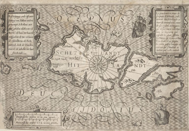 Line drawn map of Shetland with sketches of hills, fish, boats, beaches and anchors marking ports. Text over the landmass reads 'Schetlandt'.