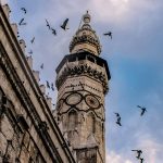 Photograph taken from below of ornate old architecture rising into the sky