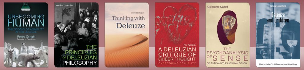 Banner image with a red background, displaying six books on Gilles Deleuze