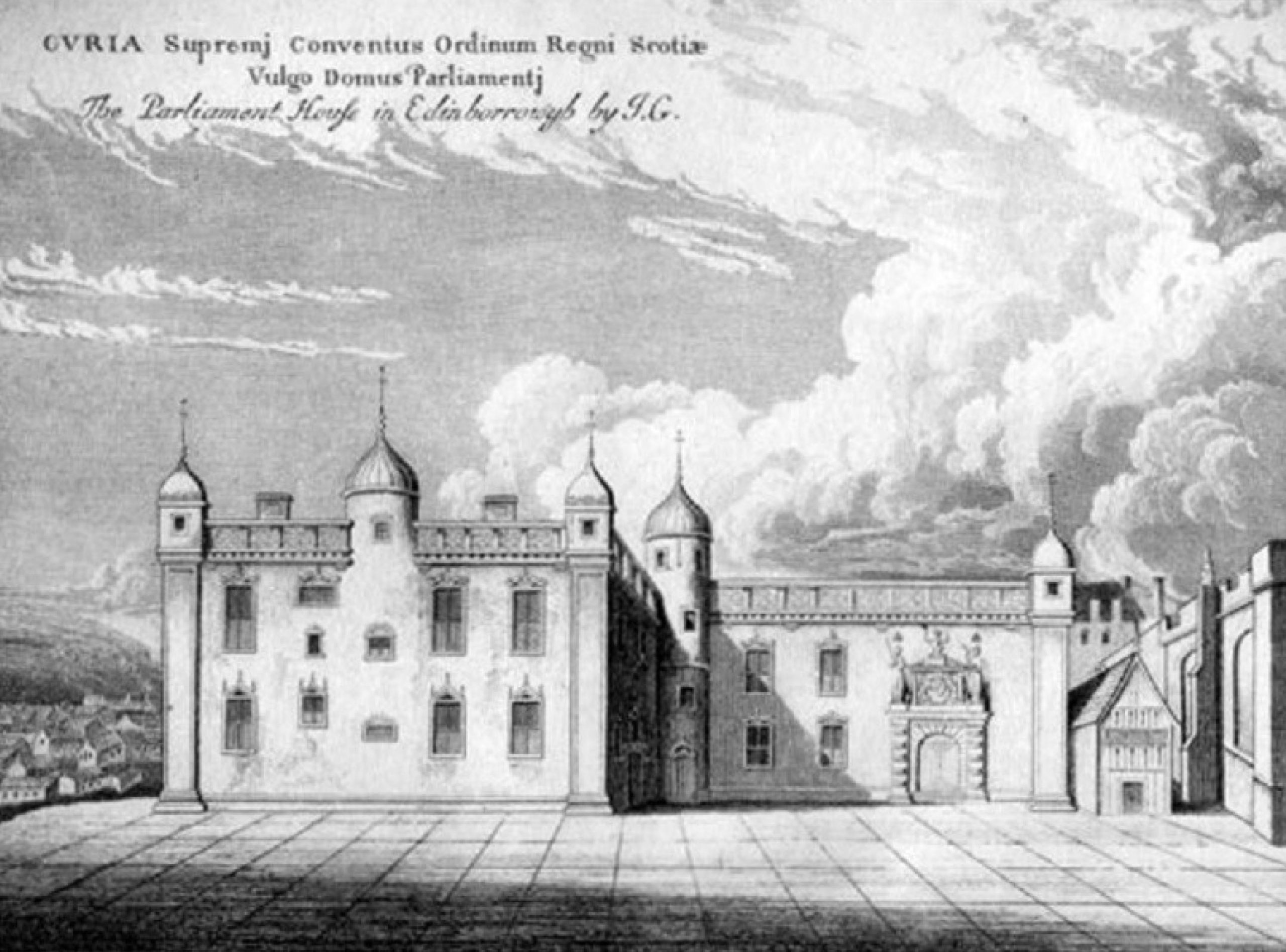 Black and white drawing of a grand house with turrets and ramparts.