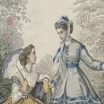 Fashion plate depicting two women with parasols against a backdrop of roses and trees. The woman on the left is seated on a garden bench and holding an opened lilac parasol, displaying its white lining. The woman on the right is standing beside her and holding a closed blue parasol.
