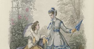Fashion plate depicting two women with parasols against a backdrop of roses and trees. The woman on the left is seated on a garden bench and holding an opened lilac parasol, displaying its white lining. The woman on the right is standing beside her and holding a closed blue parasol.