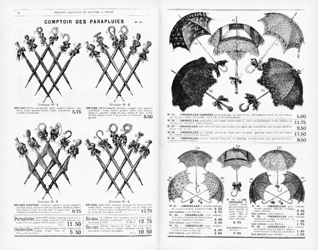 Two open pages of a department store catalogue depicting, on the left-hand page, closed en-tout-cas and umbrellas, and, on the right-hand page, open parasols. The detailed black-and-white drawings are accompanied by short descriptions and prices.