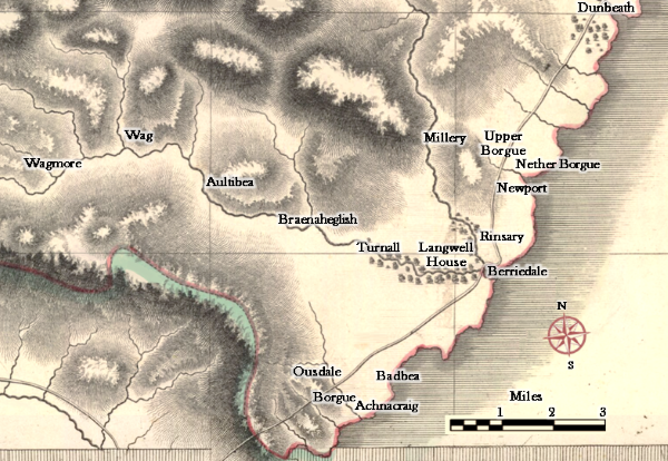 Detail in colour of John Thomson’s Atlas of Scotland, 1832 showing the main Langwell settlements, like Ousdale, Millery and Wag scattered across the estate