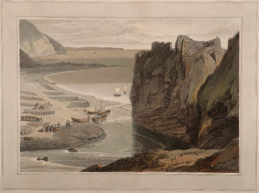 A painting of the shore cottages at Berriedale with fishing nets drying on the shingle beach