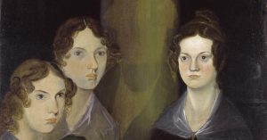 Portrait of Anne, Emily, and Charlotte Brontë, painted by their brother, Branwell Brontë. In between Emily and Charlotte Brontë, there is a column of light, with the outline of a male figure visible. This is believed to be Branwell’s self-portrait, which he painted over.