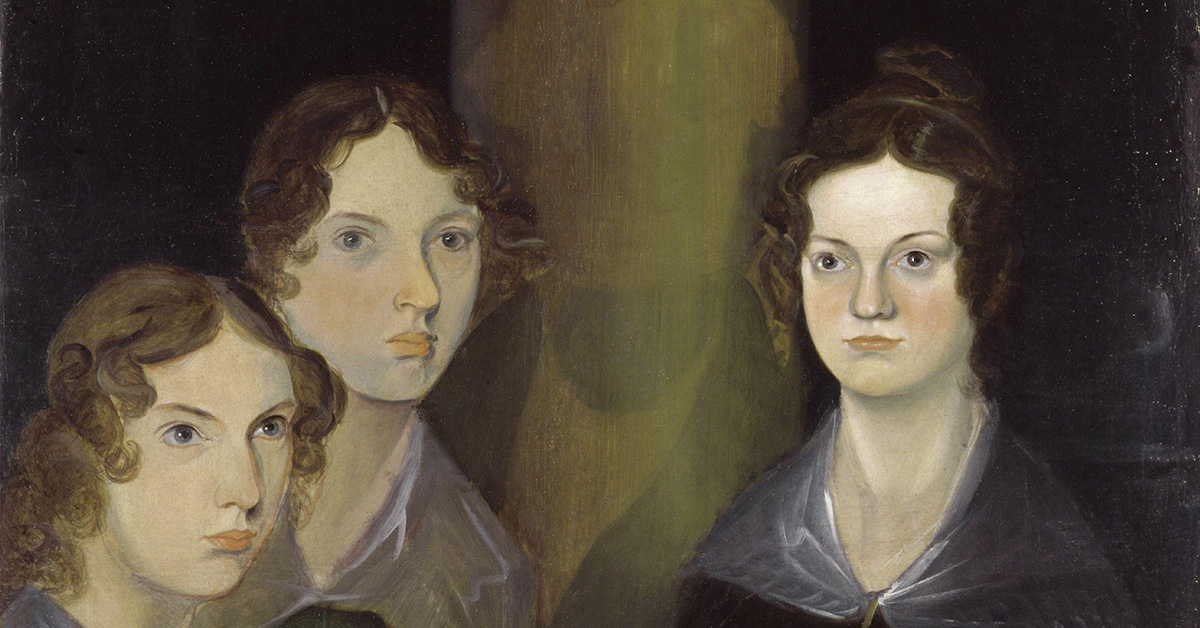 Portrait of Anne, Emily, and Charlotte Brontë, painted by their brother, Branwell Brontë. In between Emily and Charlotte Brontë, there is a column of light, with the outline of a male figure visible. This is believed to be Branwell’s self-portrait, which he painted over.
