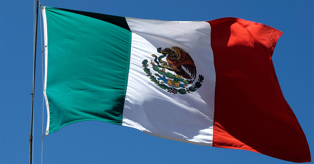 The Mexican flag flying in the wind.