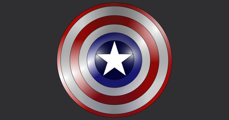 Stylised red, white and blue circular superhero shield with a central star, representing heroism, protection and American identity.