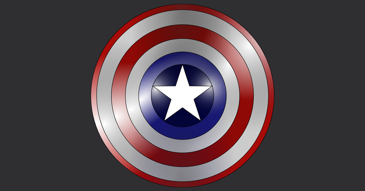 Stylised red, white and blue circular superhero shield with a central star, representing heroism, protection and American identity.