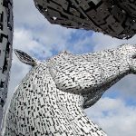 Close up view of one kelpie head, The Kelpies sculpture, Falkirk.