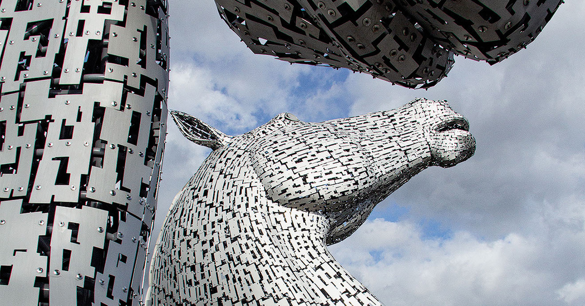 Close up view of one kelpie head, The Kelpies sculpture, Falkirk.
