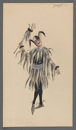 Vintage illustration of a court jester standing in costume, representing the trickster/monster archetype that disrupts fixed ideas of good and evil.
