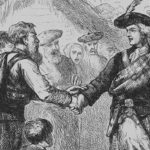 A detailed black-and-white illustration of several men in traditional Scottish Highland attire—kilts, plaids, and feathered caps—shaking hands in front of a small thatched cottage. A child stands nearby watching, and a crowd of villagers looks on from behind. Trees arch overhead, and one man carries bagpipes slung over his shoulder.