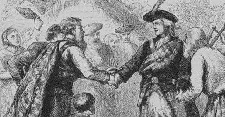 A detailed black-and-white illustration of several men in traditional Scottish Highland attire—kilts, plaids, and feathered caps—shaking hands in front of a small thatched cottage. A child stands nearby watching, and a crowd of villagers looks on from behind. Trees arch overhead, and one man carries bagpipes slung over his shoulder.
