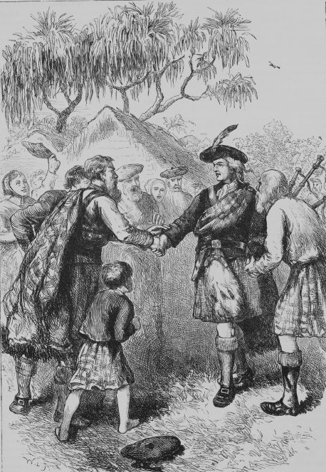 A detailed black-and-white illustration of several men in traditional Scottish Highland attire—kilts, plaids, and feathered caps—shaking hands in front of a small thatched cottage. A child stands nearby watching, and a crowd of villagers looks on from behind. Trees arch overhead, and one man carries bagpipes slung over his shoulder.