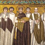 Emperor Justinian and court officials in a colourful mosaic, Gothic soldiers on the left side.