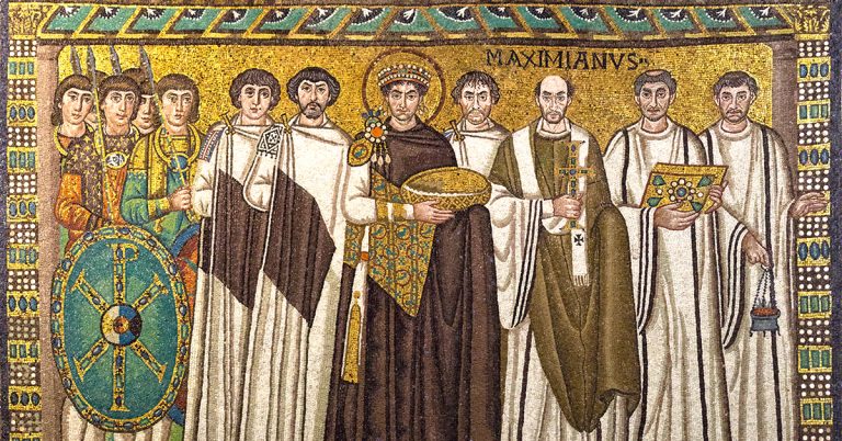 Emperor Justinian and court officials in a colourful mosaic, Gothic soldiers on the left side.