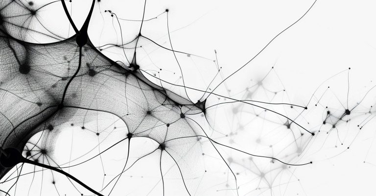 Abstract black-and-white image of fine, web-like lines and dots resembling neural connections or a network, flowing diagonally across a white background