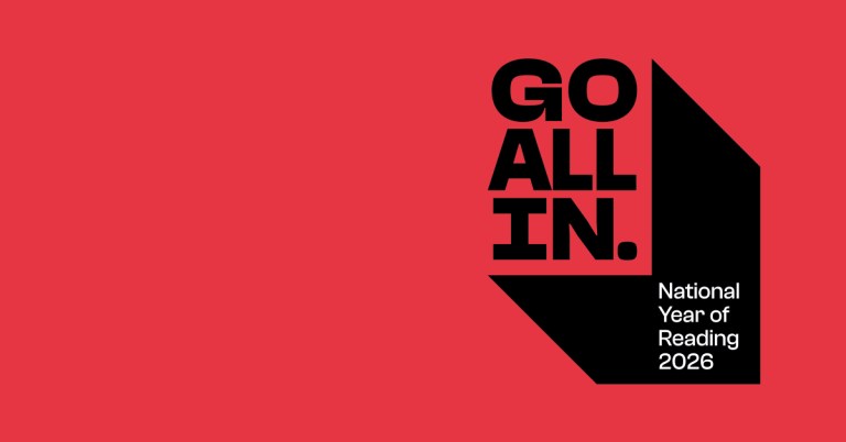 National Year of Reading logo, 'Go All In' on red background.