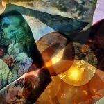 a colourful collage of fragments of overlapping abstract photographs of plants, water and rocks. The colours give the feeling of iridescence.
