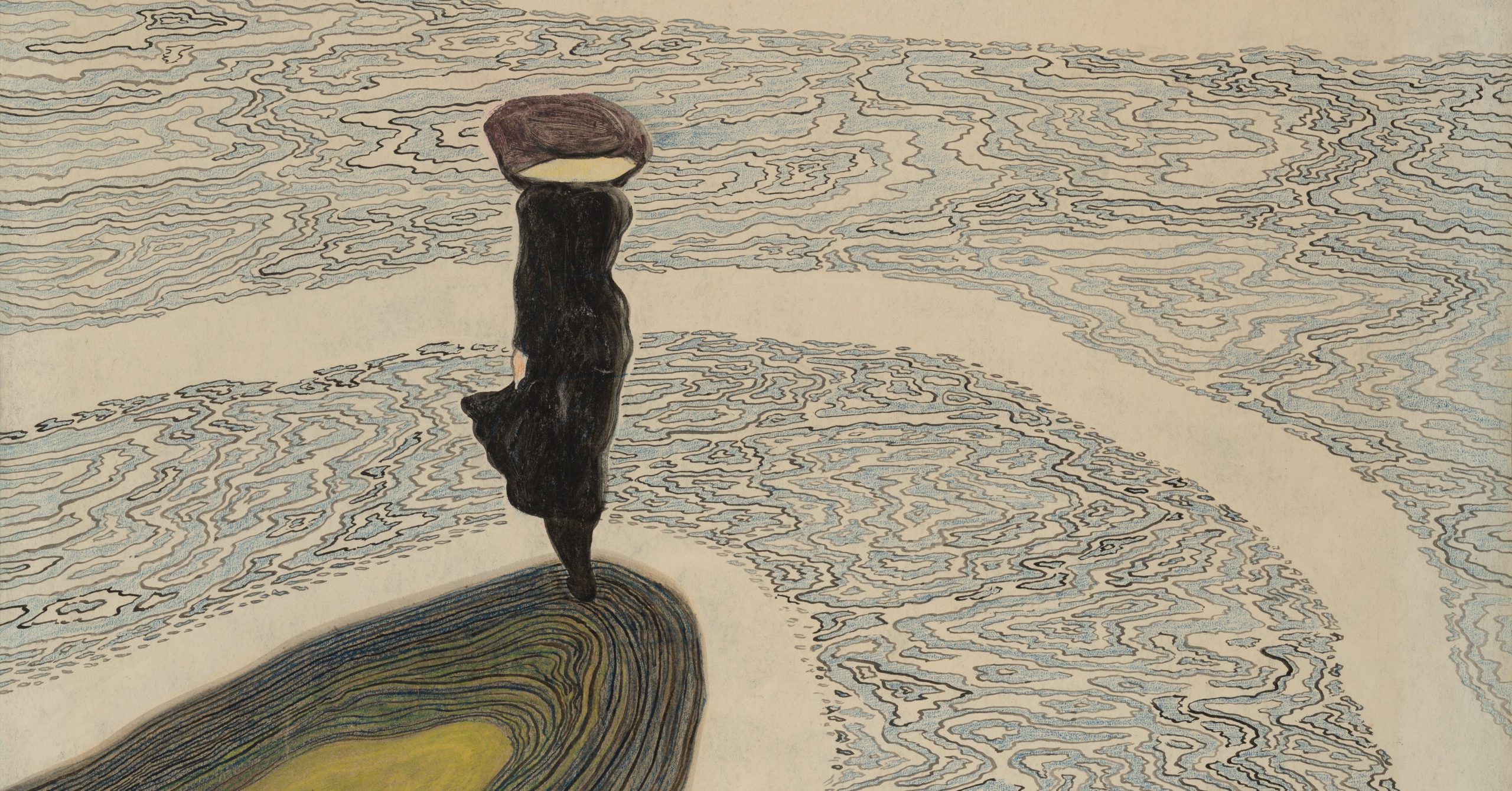 A figure of a woman standing by the shore suggesting an encounter with affective forces