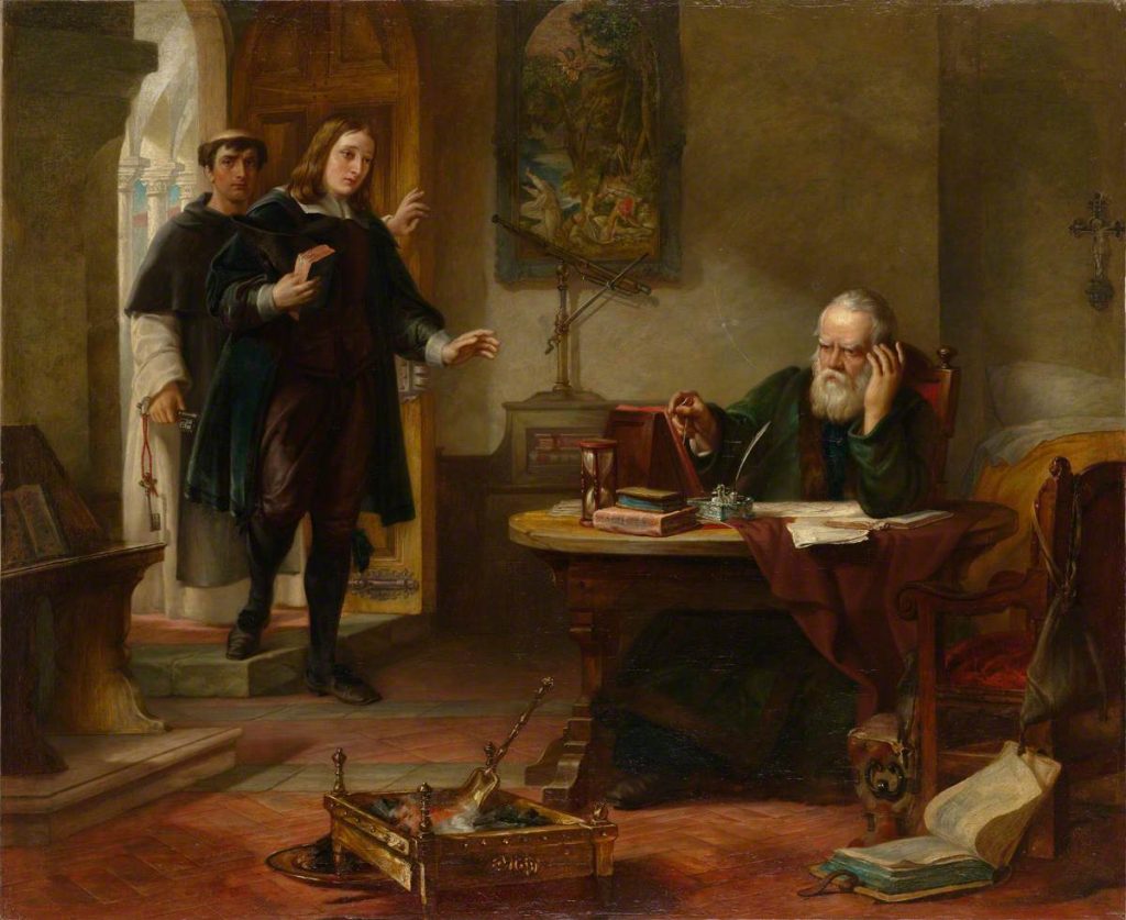 A tonsured man has led a young, pale-faced Milton into the study of Galileo, who sits at his desk, apparently writing but with his hand pressed against his head.