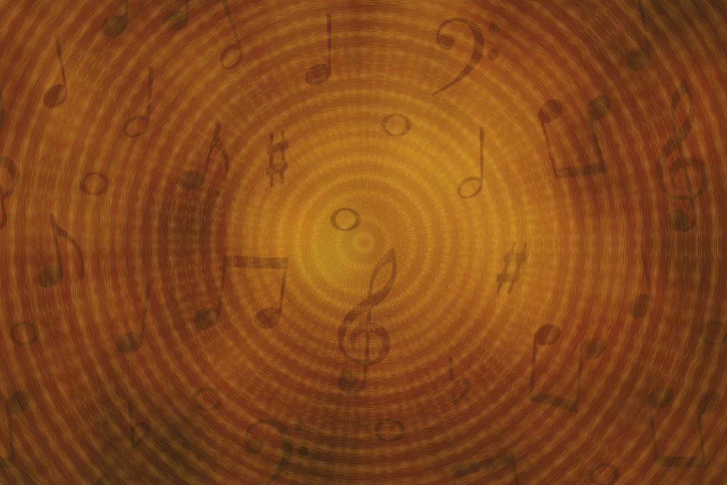 Background texture of concentric cirles with musical notation floating over it