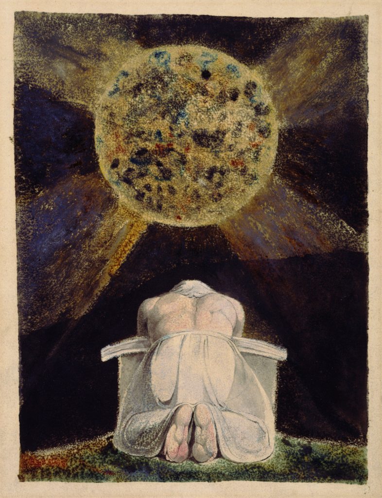 A man kneeling before a sun like figure against a dark sky