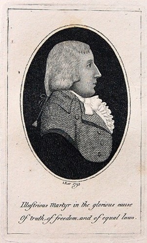 **Alt text:**An oval-framed 18th-century engraved portrait of a man shown in side profile facing right, wearing a high-collared coat and a ruffled cravat, with shoulder-length light hair. Beneath the portrait is a printed caption reading: *“Illustrious Martyr in the glorious cause of Truth, of Freedom, and of equal laws.”* The image is monochrome and has the formal, commemorative style of late-1700s political or historical prints.