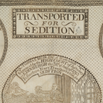 A sepia-toned 18th-century printed broadside titled “TRANSPORTED FOR SEDITION.” The design features ornate borders and three oval engravings of men in period clothing holding papers. Text around the portraits names individuals convicted of sedition and sentenced to transportation (penal exile), including references to courts and dates in the early 1800s. The overall style is decorative and historical, resembling a political or legal proclamation from Britain.