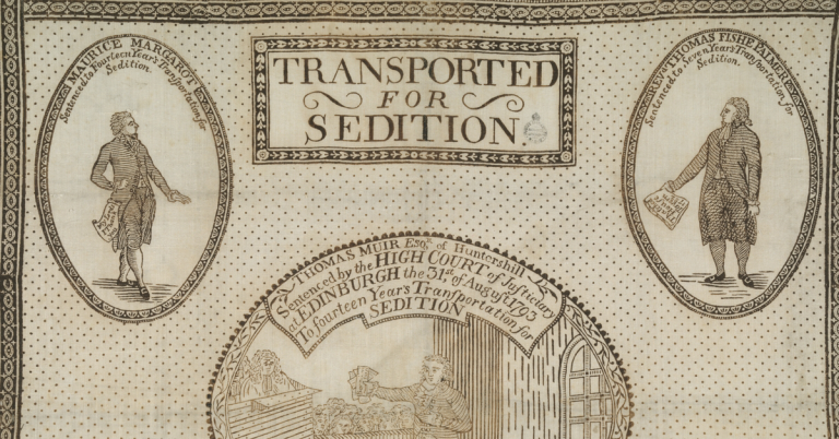 A sepia-toned 18th-century printed broadside titled “TRANSPORTED FOR SEDITION.” The design features ornate borders and three oval engravings of men in period clothing holding papers. Text around the portraits names individuals convicted of sedition and sentenced to transportation (penal exile), including references to courts and dates in the early 1800s. The overall style is decorative and historical, resembling a political or legal proclamation from Britain.