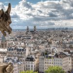 Stone gargoyle perched on Notre-Dame Cathedral overlooking the dense rooftops of Paris, with the Seine River running alongside the city and the Eiffel Tower visible in the distance beneath a dramatic, cloud-filled sky.